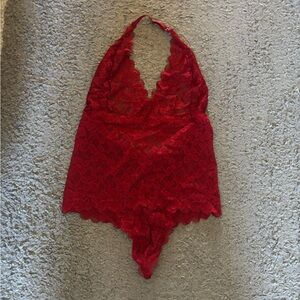 Red Lace Halter Bodysuit
